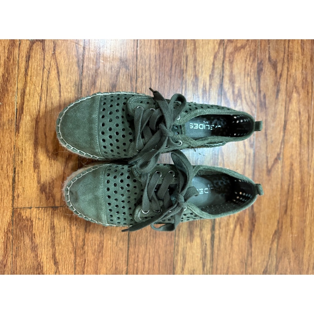 J/Slides NYC Olive Green Perforated Suede Platform Espadrille Sneakers Womens 7